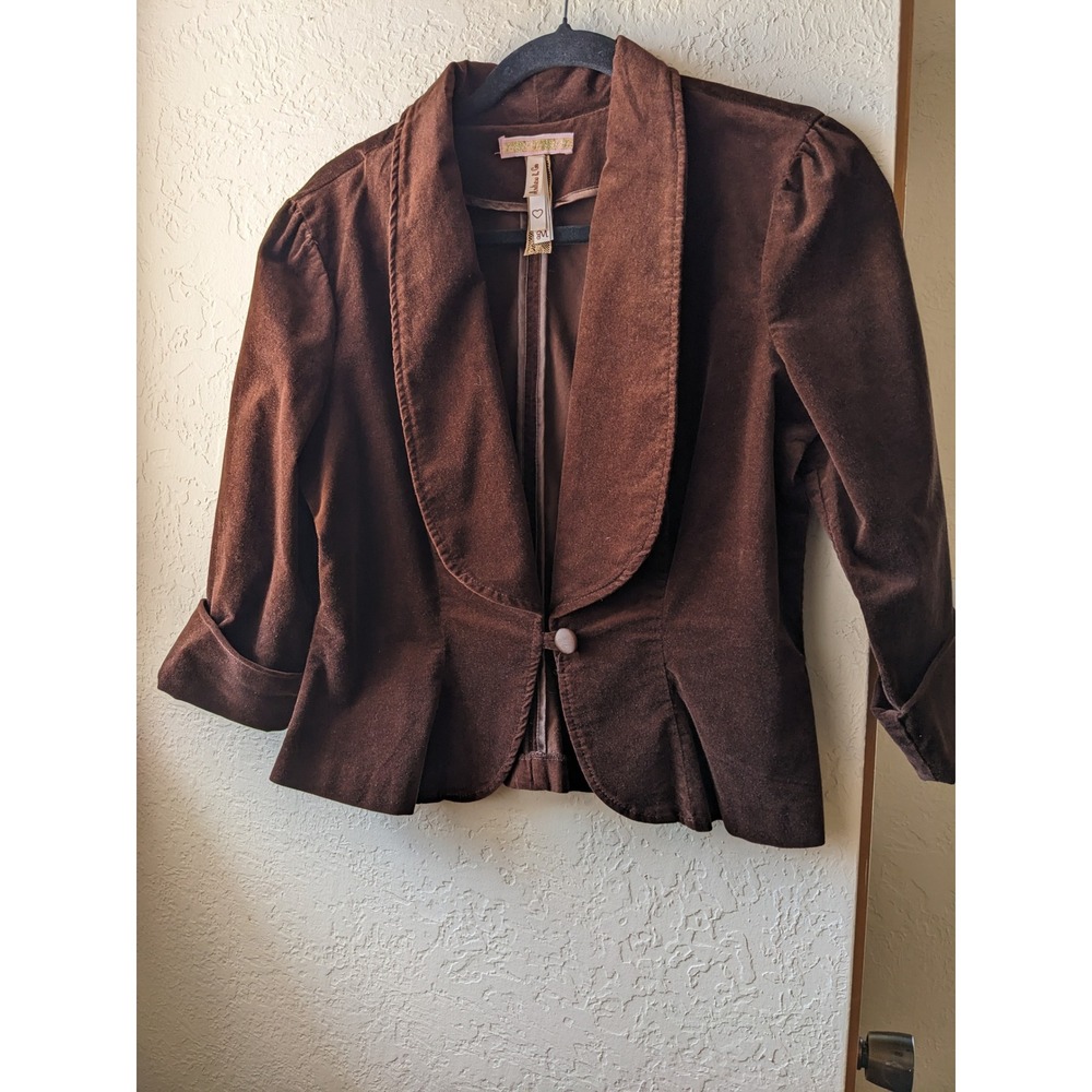 Andrew & Co Chocolate Brown Velvet Peplum Blazer Jacket 3/4 Sleeve Size M